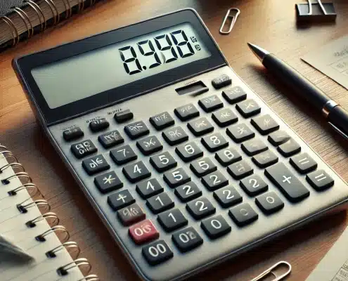Calculatrice posée sur un bureau en bois, entourée d'un cahier, d'un stylo et de feuilles de papier.