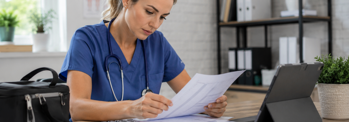 Infirmière libérale vérifiant sa facturation médicale sur ordinateur avec documents administratifs et feuille de soins