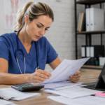 Infirmière libérale vérifiant sa facturation médicale sur ordinateur avec documents administratifs et feuille de soins