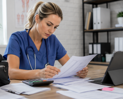Infirmière libérale vérifiant sa facturation médicale sur ordinateur avec documents administratifs et feuille de soins