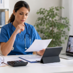 Infirmière libérale comparant sa facturation médicale sur ordinateur avec documents administratifs